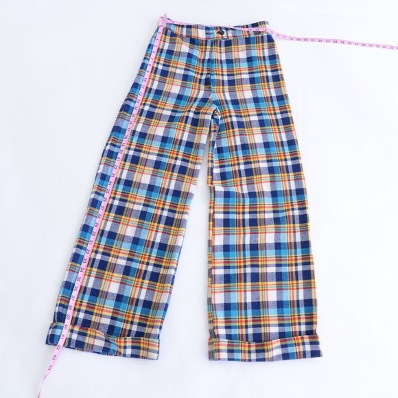 70's Inspired Yellow &  Blue Checker Print Wide Leg Pants - Picture 2 of 14